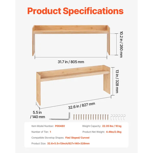 Over the Stove Shelf, Over Stove Spice Shelf for Kitchen Stove Top, Seasoning Shelves, Spice Organizer, Easy to Assemble Countertop Storage Solution, Kitchen Gadgets with 6 Hooks