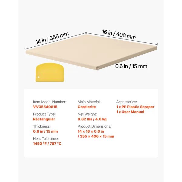 Pizza Stone, 16 x 14 x 0.6 Inch Rectangular Cordierite Pizza Stone, Large Baking-Stone with Scraper, 1450Fahrenheit Heat-Resistant Cordierite Cooking Stones for Kitchen Bake Oven, BBQ Grilling