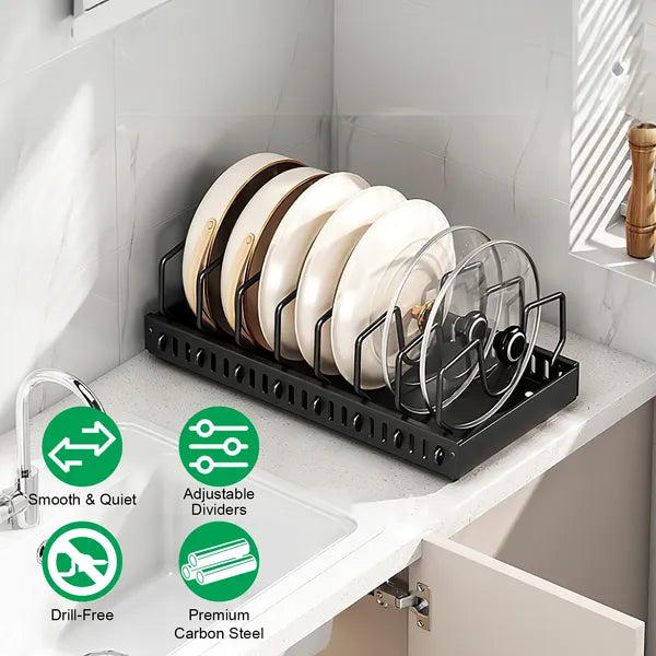 Pull Out Pots and Pans Organizer for Cabinet - 8 Adjustable Dividers, Tool-Free Installation, Damping Rail for Smooth Access, Sturdy Anti-Rust Carbon Steel - Holds Lids, Fry Pans, Bakeware & More
