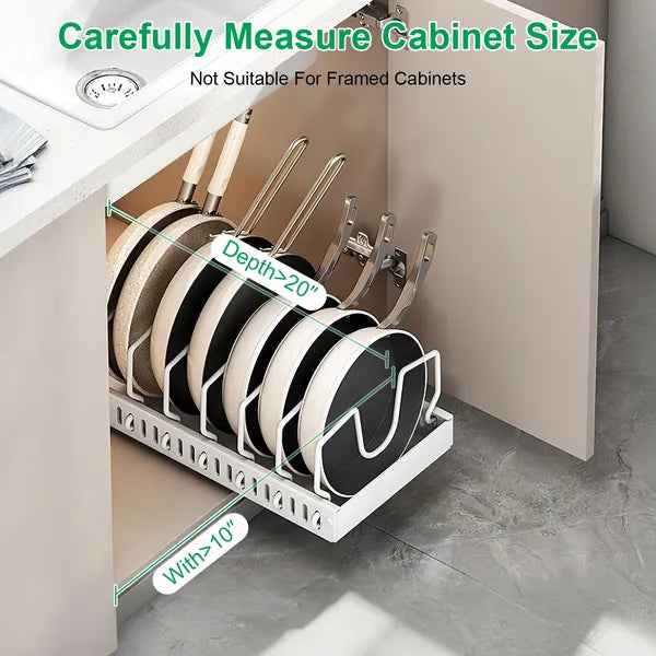 Pull Out Pots and Pans Organizer for Cabinet - 8 Adjustable Dividers, Tool-Free Installation, Damping Rail for Smooth Access, Sturdy Anti-Rust Carbon Steel - Holds Lids, Fry Pans, Bakeware & More