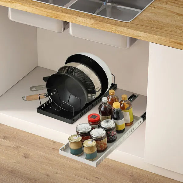 Pull Out Pots and Pans Organizer for Cabinet - 8 Adjustable Dividers, Tool-Free Installation, Damping Rail for Smooth Access, Sturdy Anti-Rust Carbon Steel - Holds Lids, Fry Pans, Bakeware & More