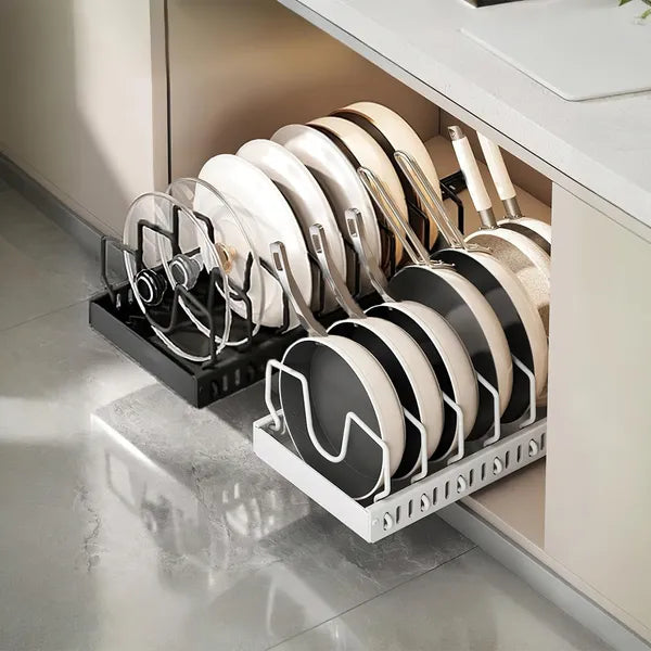 Pull Out Pots and Pans Organizer for Cabinet - 8 Adjustable Dividers, Tool-Free Installation, Damping Rail for Smooth Access, Sturdy Anti-Rust Carbon Steel - Holds Lids, Fry Pans, Bakeware & More