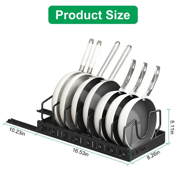Pull Out Pots and Pans Organizer for Cabinet - 8 Adjustable Dividers, Tool-Free Installation, Damping Rail for Smooth Access, Sturdy Anti-Rust Carbon Steel - Holds Lids, Fry Pans, Bakeware & More