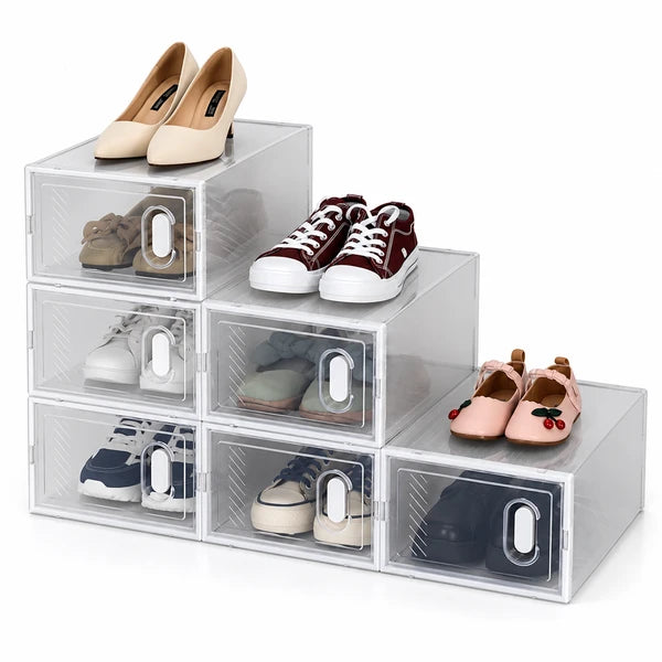 Shoe Storage Boxes 6 Pack Clear Plastic Stackable White
