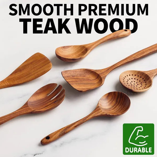 Six-piece wooden cooking spoon set – heat-resistant, smooth teak wood for a comfortable grip – lightweight and durable – easy to clean and perfect for non-stick cookware.