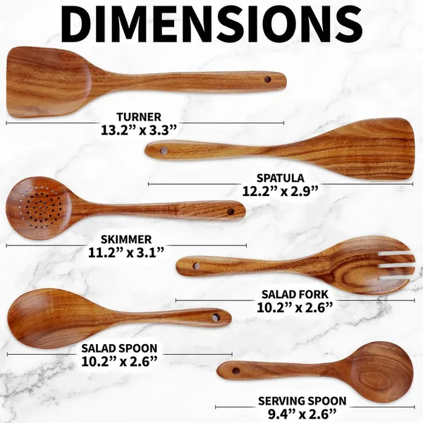 Six-piece wooden cooking spoon set – heat-resistant, smooth teak wood for a comfortable grip – lightweight and durable – easy to clean and perfect for non-stick cookware.
