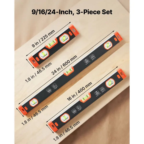 Torpedo Level, 3-Piece Included 9/16/24 in, Magnetic Leveler Tool Set Aluminum Alloy, with Clear 3 Green Vials, V-Groove, Hanging Hole, Multi-angle Measurement for Construction Home Renovation
