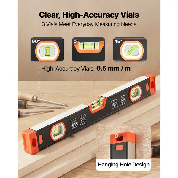 Torpedo Level, 3-Piece Included 9/16/24 in, Magnetic Leveler Tool Set Aluminum Alloy, with Clear 3 Green Vials, V-Groove, Hanging Hole, Multi-angle Measurement for Construction Home Renovation