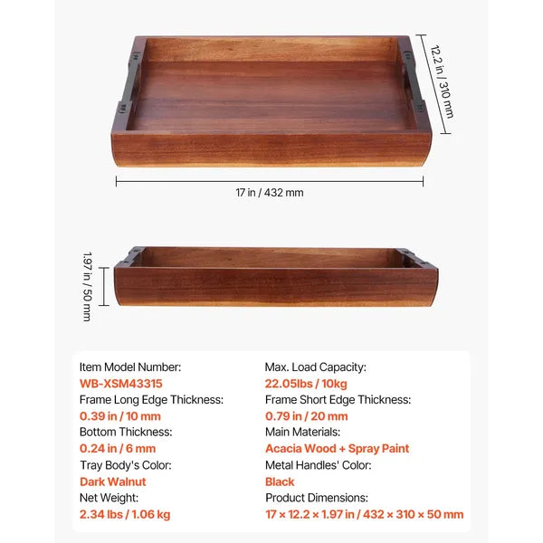 Wood Serving Tray, Acacia Wooden Tray Board with Handles, Decorative Rustic Serving Trays Platter, Ideal for Breakfast in Bed, Lunch, Kitchen, Living Room, Ottoman, Coffee Table, Party, Couch