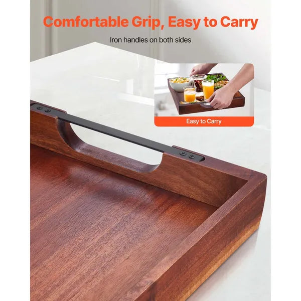Wood Serving Tray, Acacia Wooden Tray Board with Handles, Decorative Rustic Serving Trays Platter, Ideal for Breakfast in Bed, Lunch, Kitchen, Living Room, Ottoman, Coffee Table, Party, Couch